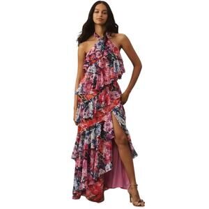 BHLDN Anthropologie Isabel Floral‎ Halter Ruffle Chiffon Maxi Dress-Size S